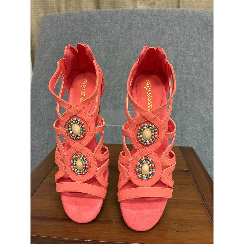 Easy Street Unity Coral Beaded Wedge Sandals Strappy Gladiator 7.5M NEW